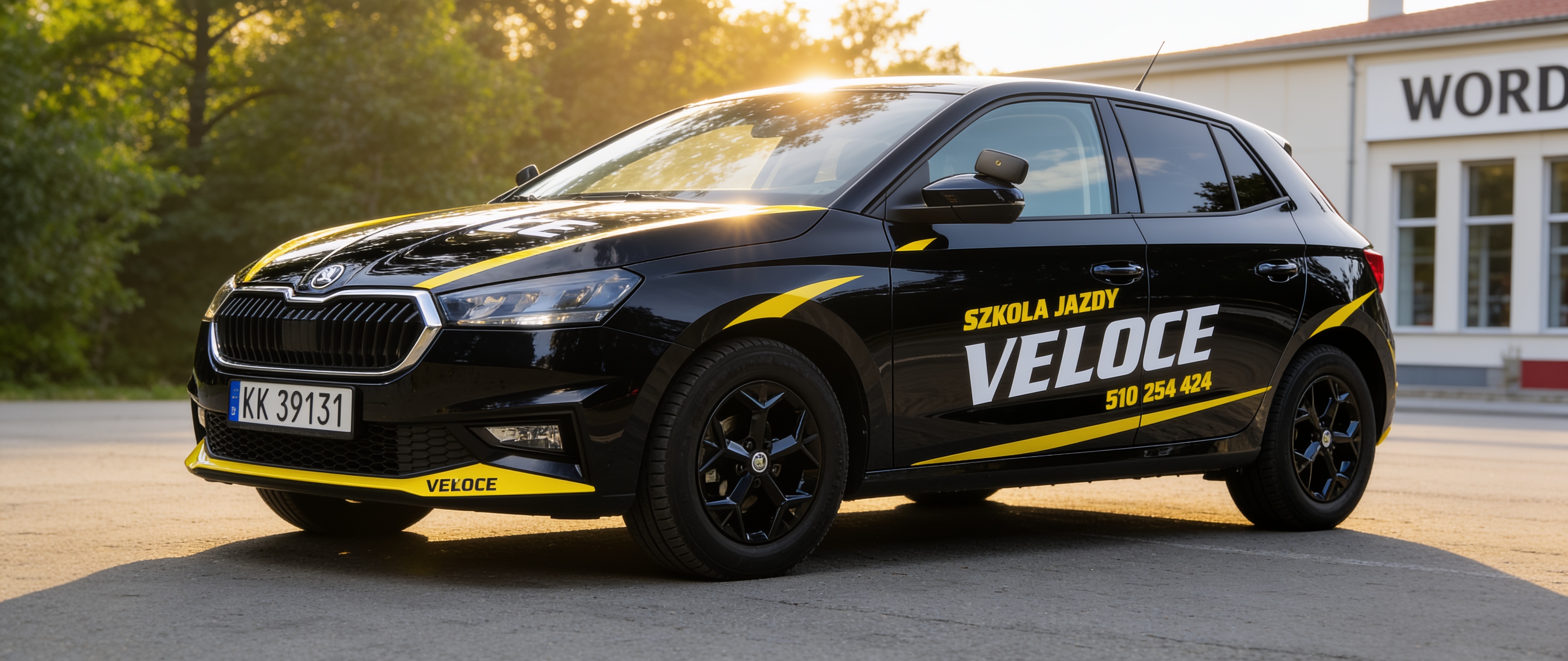 Samochód VELOCE na tle drzew i budynku WORD