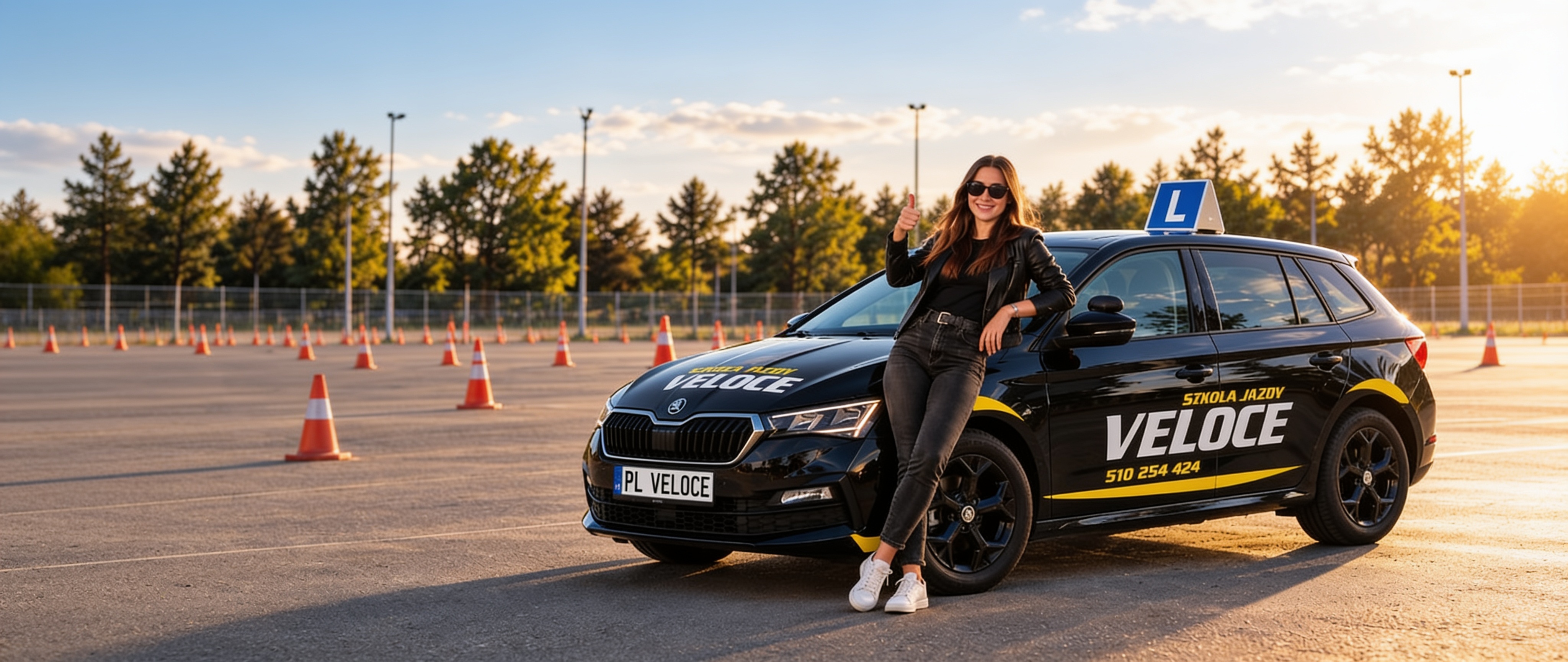 Kursantka przy Skodzie VELOCE na placu manewrowym szkoły jazdy