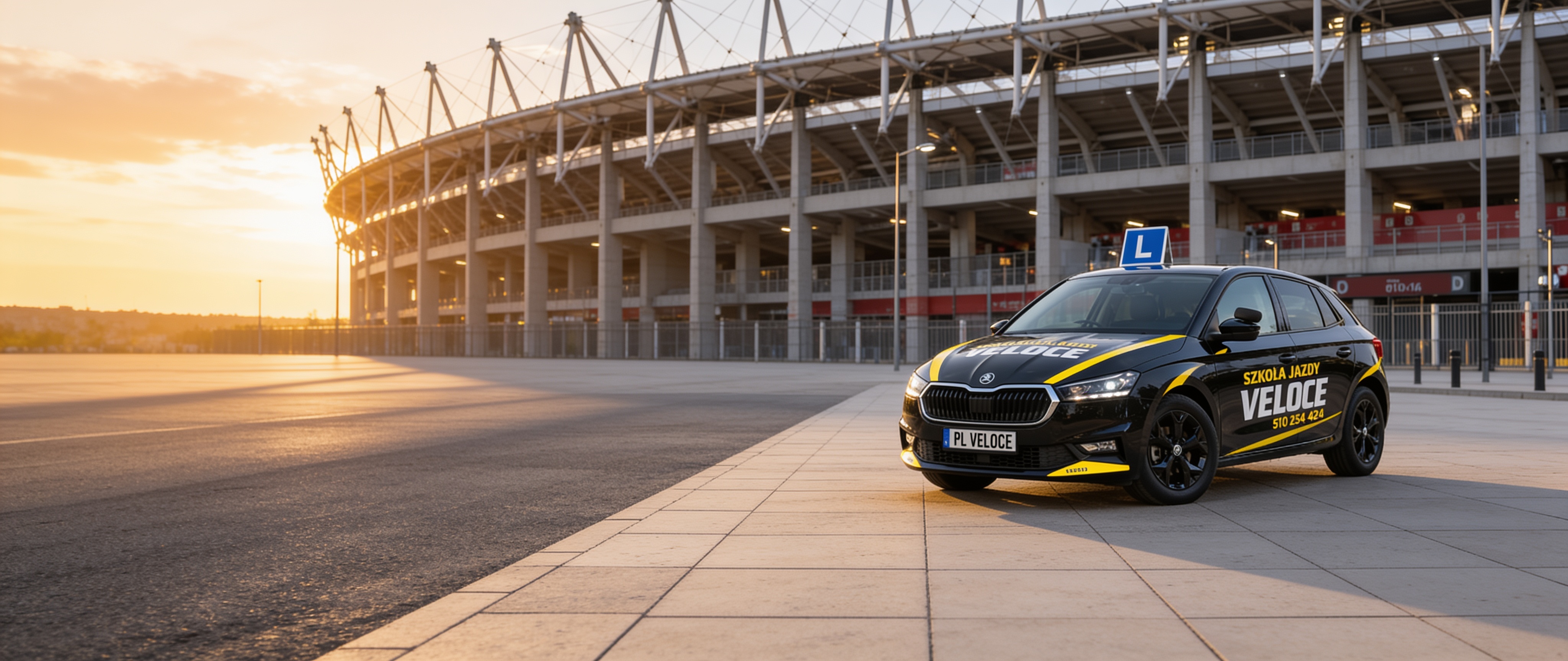 Skoda Fabia VELOCE na placu o zachodzie słońca