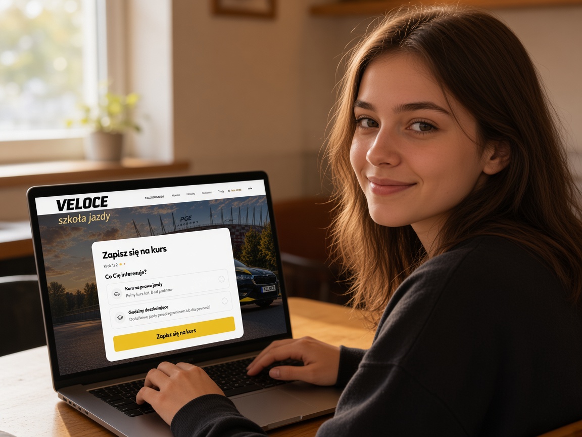 Młoda kursantka zapisuje się na kurs VELOCE online na laptopie