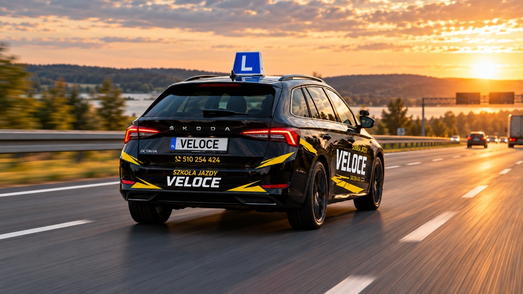 Samochód szkoleniowy VELOCE na drodze o zachodzie słońca
